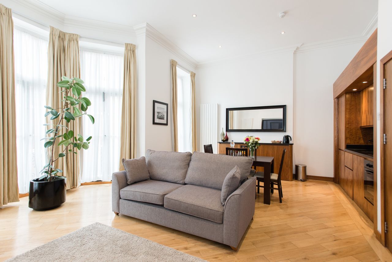 Bright and luxurious living room with modern furnishings in London apartment.
